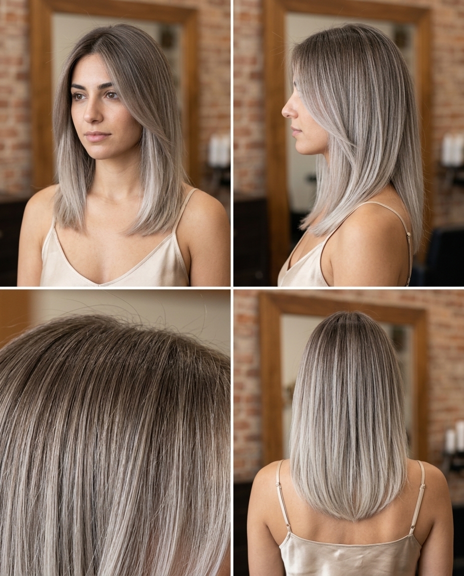 shoulder-length blunt ombre with smoky ash blonde, mushroom taupe melt, cool beige — minimalist chic look