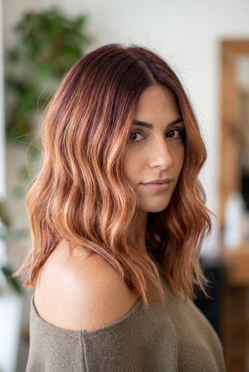 long layered muted auburn roots strawberry blonde light copper ends reverse balayage