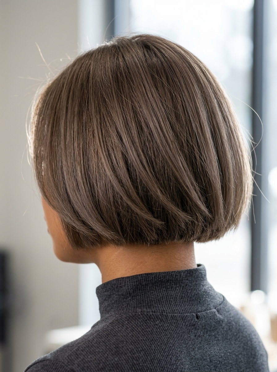 chin-length textured ashy mushroom bob with blunt perimeter and hidden layers