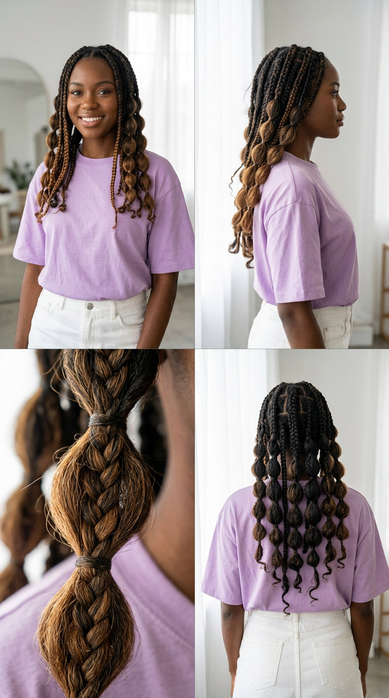 medium natural black bubble braids with playful effect for summer