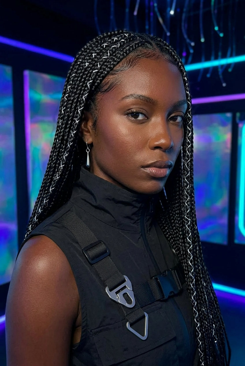 Cyber Glaze Micro-Braids 2026 waist-length micro-braids with natural black, silver thread — cute summer braids hairstyle 2026
