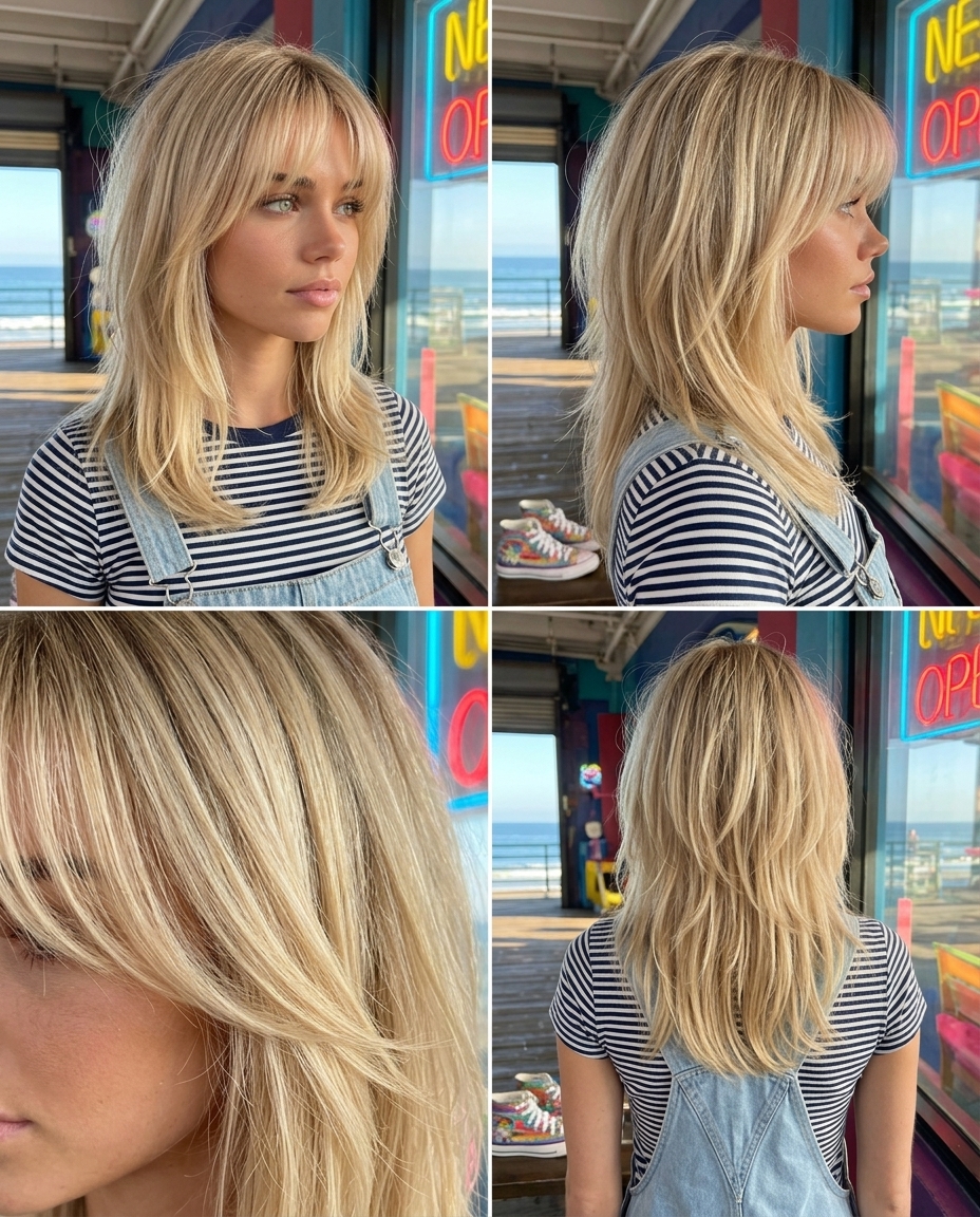 medium shag haircut with natural blonde, wispy clip-in bangs, textured layers — versatile modern style