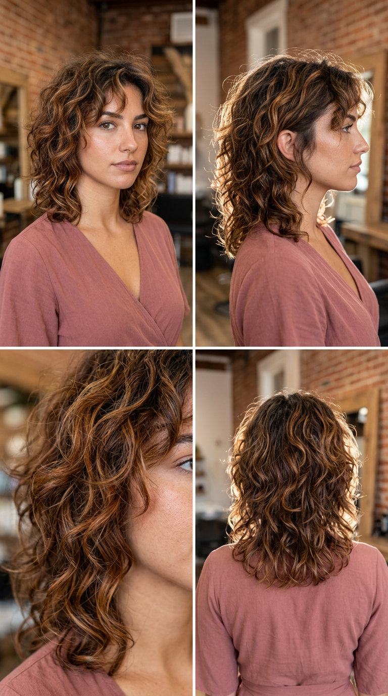 Bohemian Curly Wolf Cut: Natural Brown 2026 medium curly wolf haircut in natural brown with auburn highlights and tapered ends for music festival