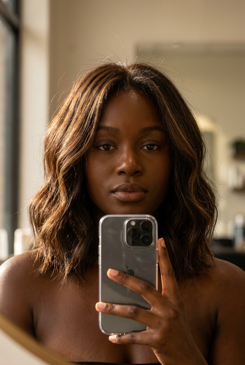 collarbone-length lob haircut with natural brunette, sun-kissed dimension and point-cut ends — playful edgy