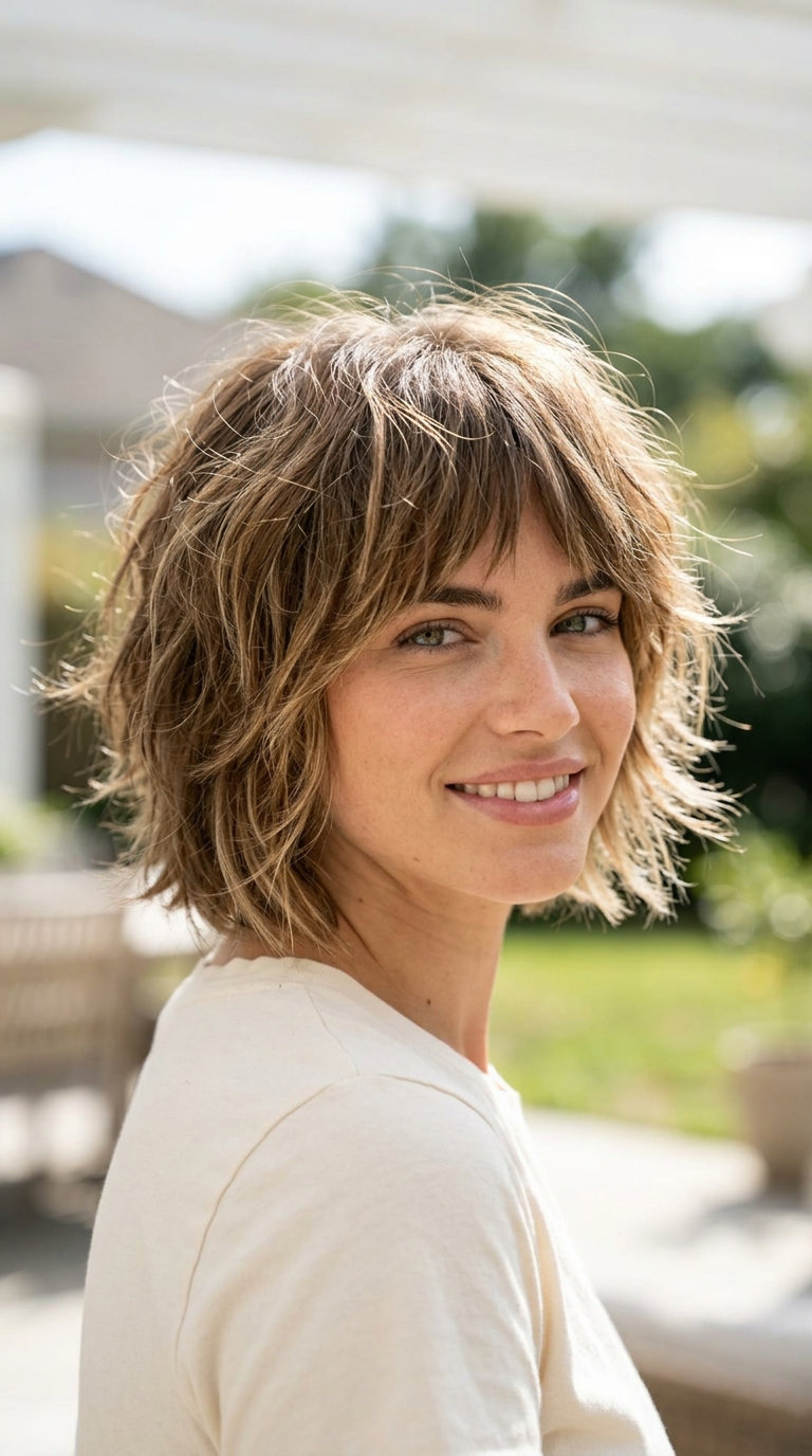 short natural brunette shaglet with sun-kissed balayage, razored fringe — playful bohemian style