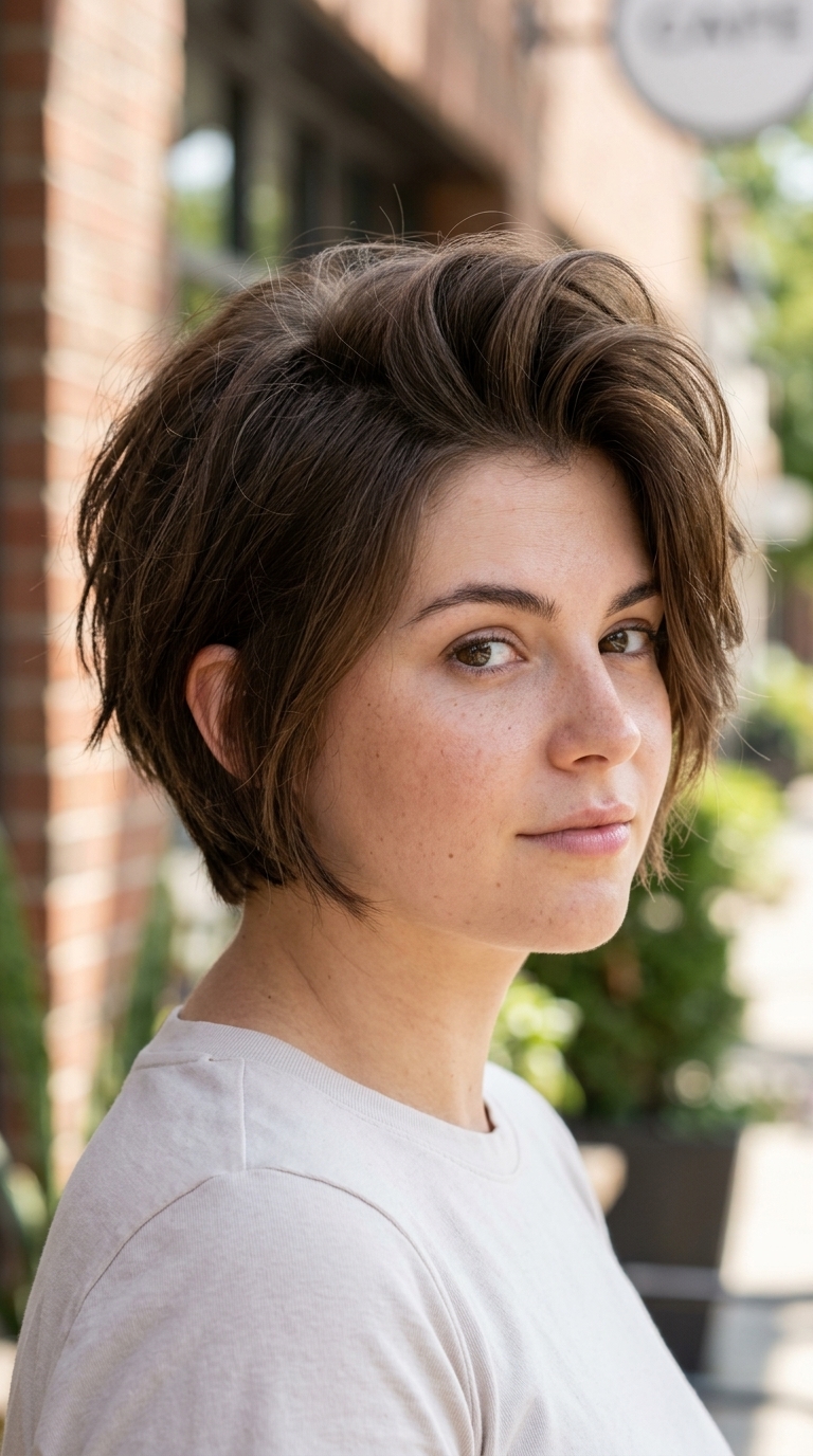 short textured bixie haircut with natural gloss, point-cut crown for round faces