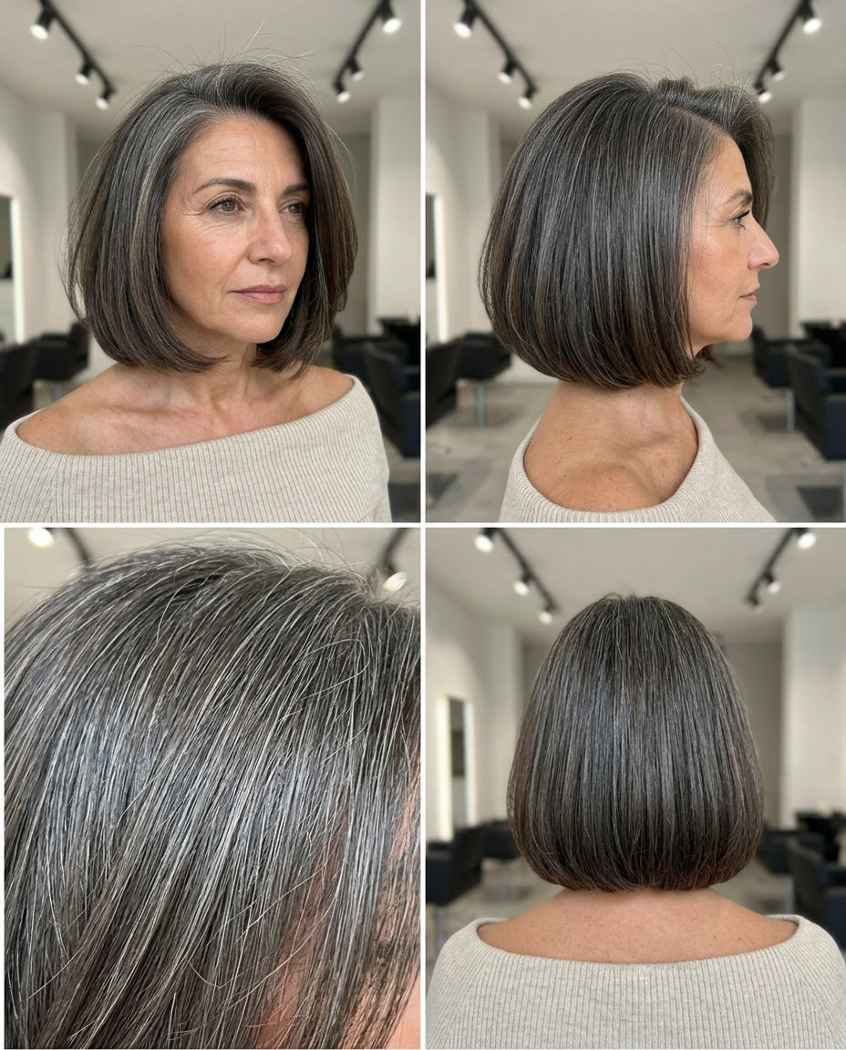 neck-length blunt bob haircut with natural grey gloss, precise cutting, no fringe — bold date night