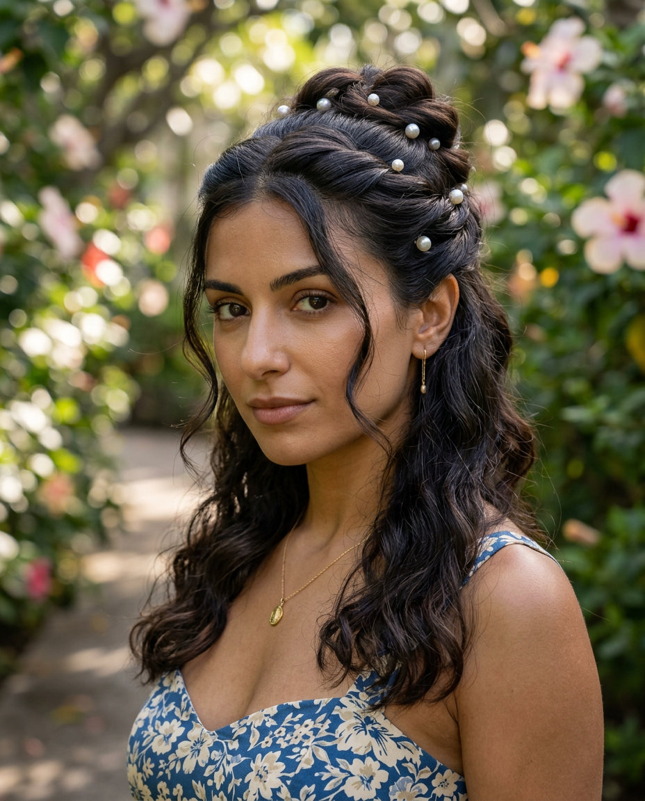 long natural blonde half-up twist with soft waves and pearl pins for summer