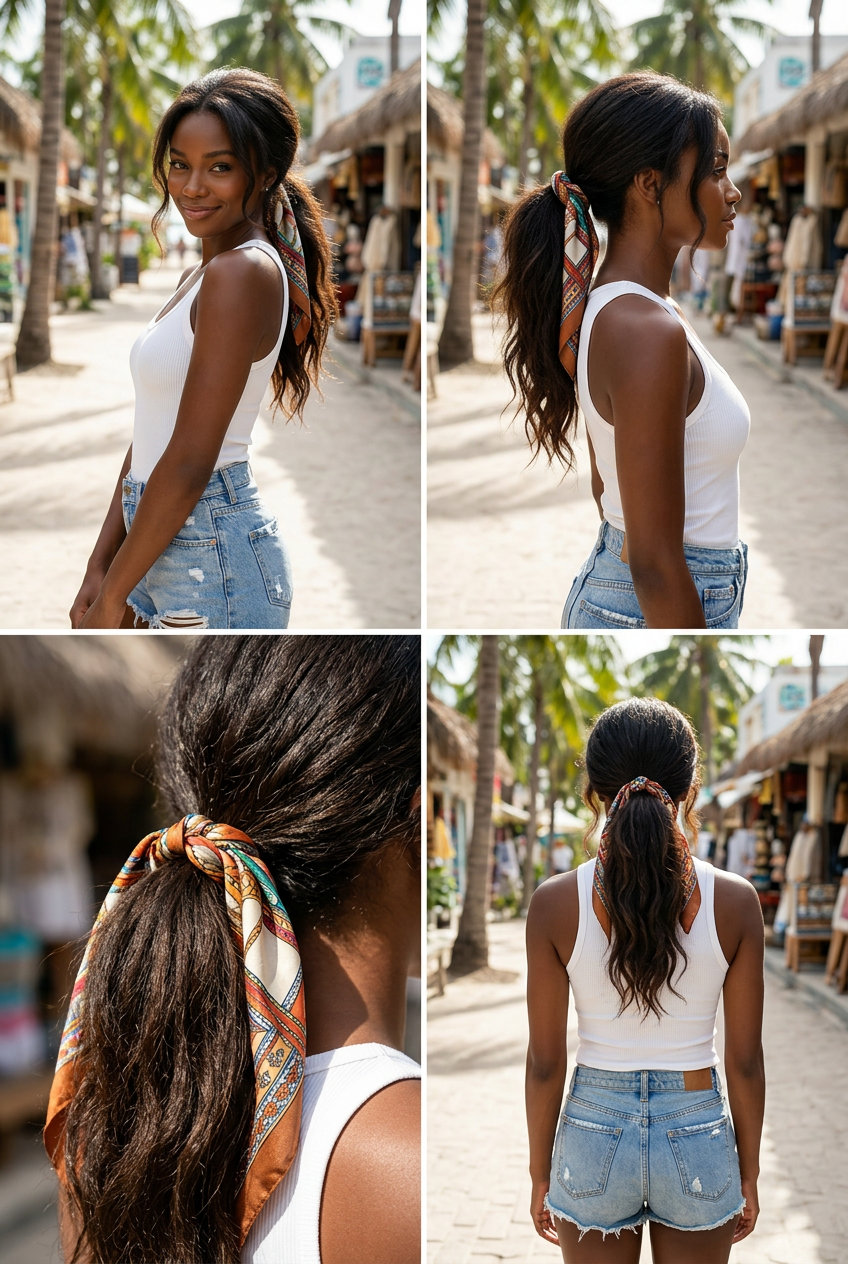 Textured Summer Pony with Scarf: Easy Hairstyle 2026 long textured ponytail with vibrant scarf for casual summer