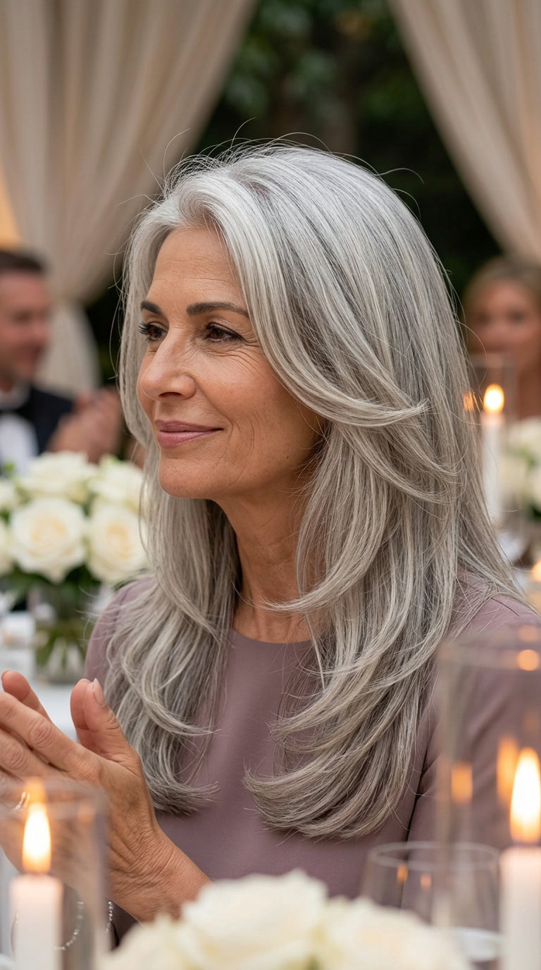 long haircut with natural tones, subtle caramel, 'C'-shaped layers, face-framing pieces — romantic wedding