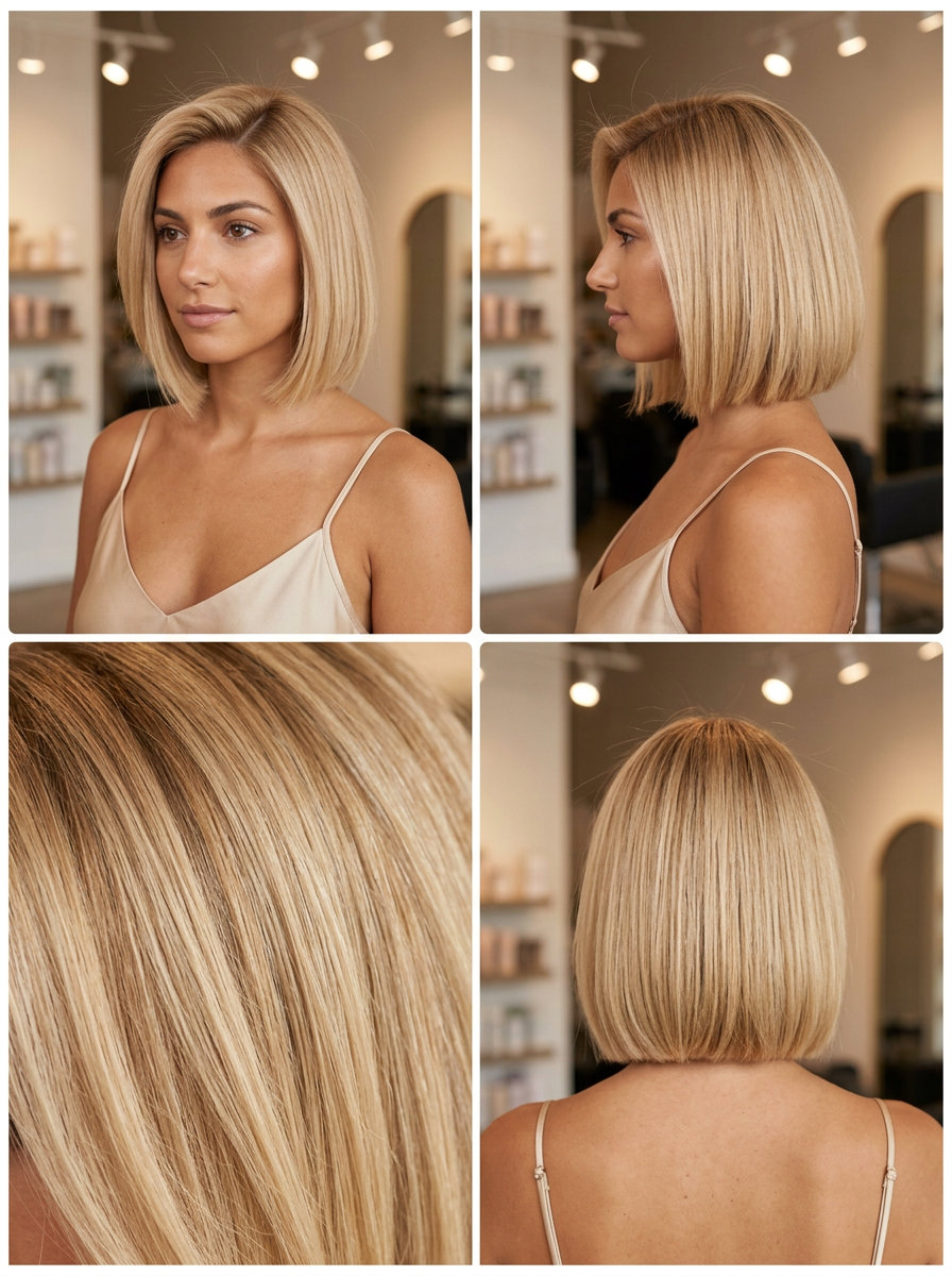 Nectar Blonde Bob with Golden Root Shadow chin-length blunt bob haircut in Nectar Blonde with golden root shadow, level perimeter, side part — romantic luminous summer bob