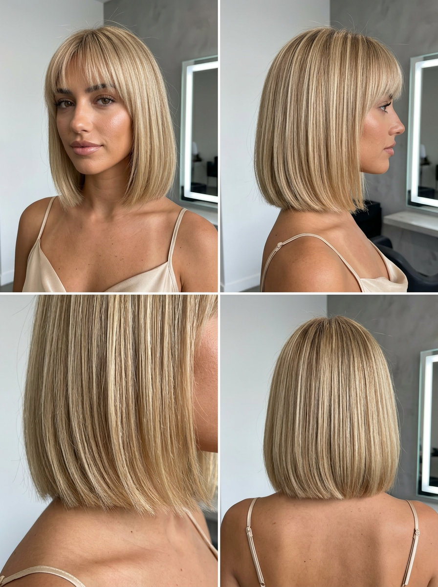 Nectar Blonde Micro-Fringe Bob 2026 chin-length bob haircut with creamy nectar blonde, babylights, and micro-fringe for summer