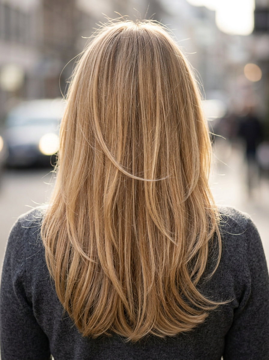 Nectar Blonde with Golden Babylights long haircut in Nectar Blonde with golden babylights, internal air layers, wispy face-framing pieces — ethereal feminine summer hair