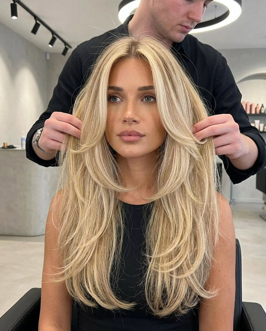 Nectar Blonde Long Layers 2026 long layered haircut with nectar blonde, babylights, and face-framing layers for summer