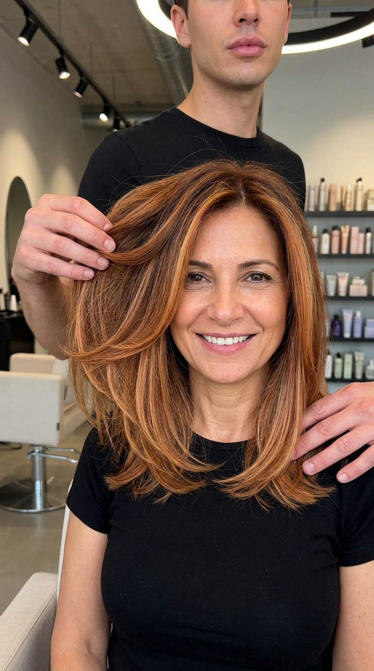 medium nectar copper balayage haircut with golden apricot highlights, internal ghost layers, no fringe — bohemian playful
