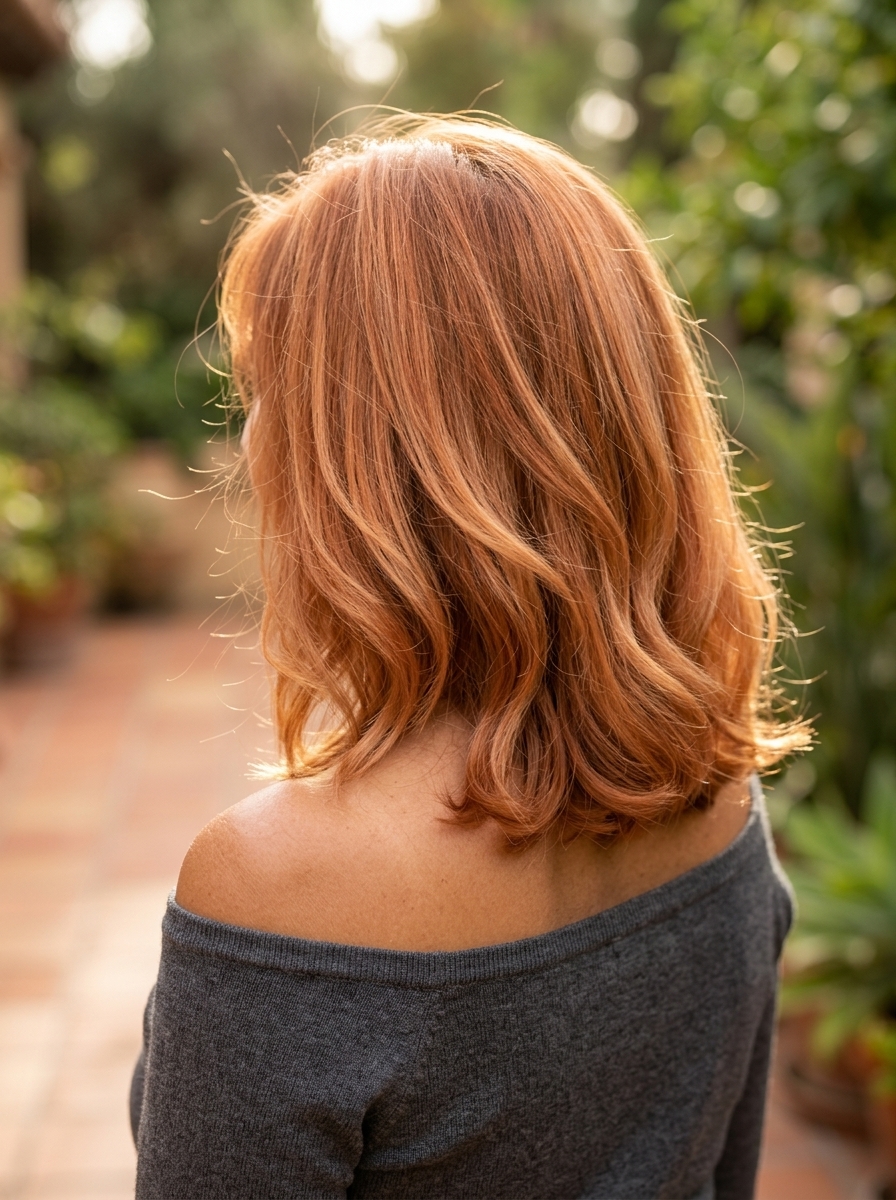 shoulder-length lob haircut in nectar copper with apricot highlights, soft graduated layers for summer