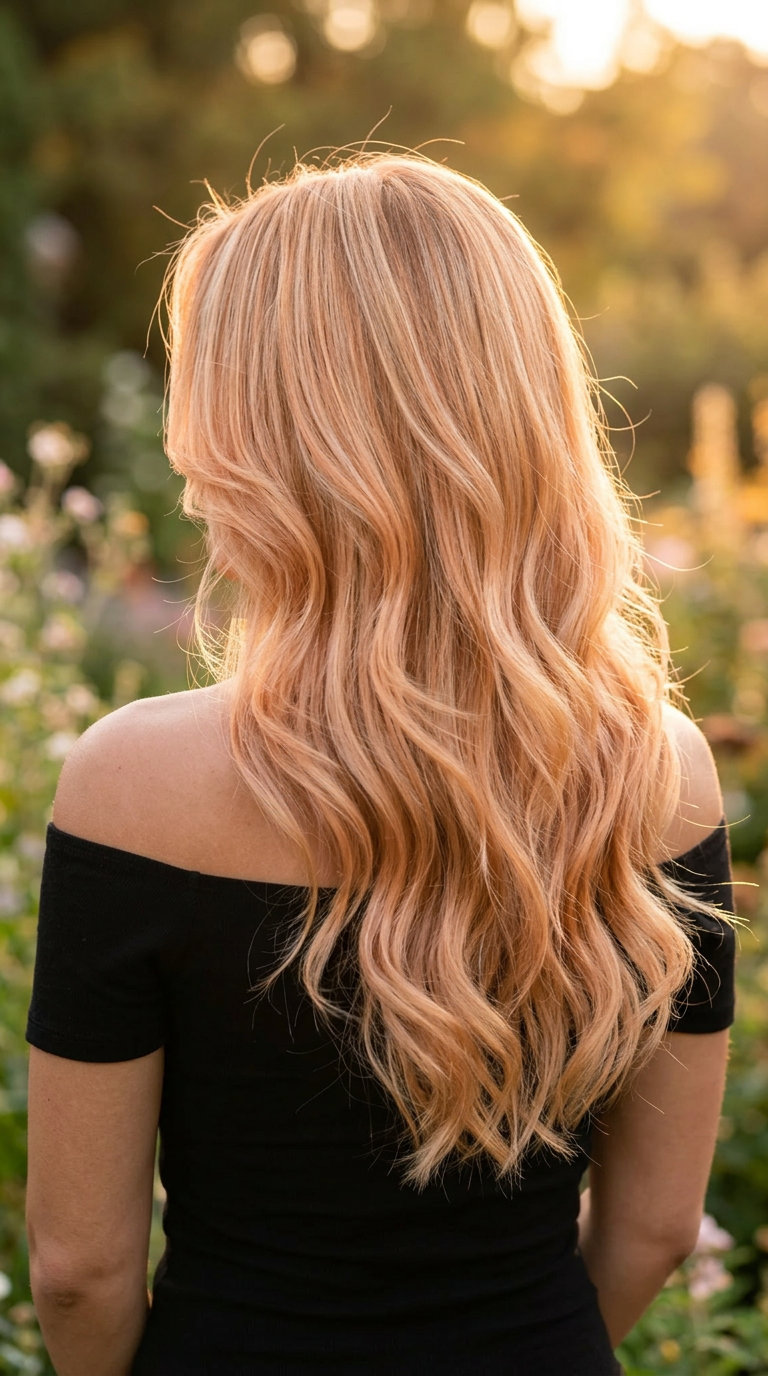Nectarine Blonde Layers: Radiant Summer Hair 2026 long nectarine blonde layers with face-framing pieces and point-cut ends for bohemian style
