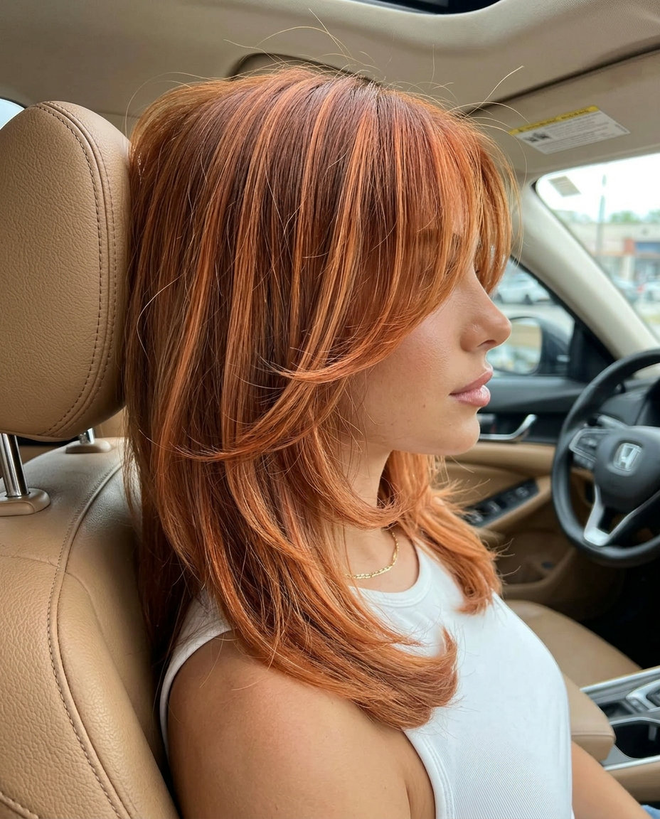 long nectarine copper butterfly cut with curtain bangs for summer 2026