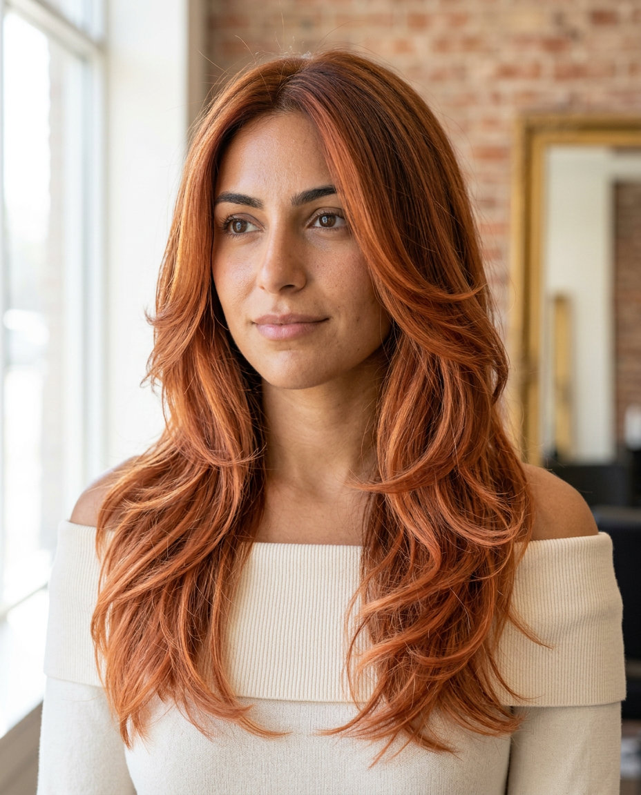 long layered haircut with nectarine copper balayage, foilyage technique for summer 2026