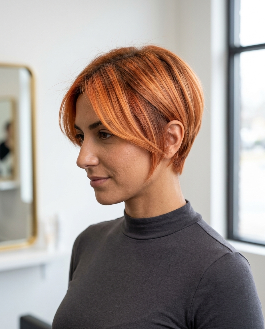 short nectarine copper pixie with golden-peach undertones for summer