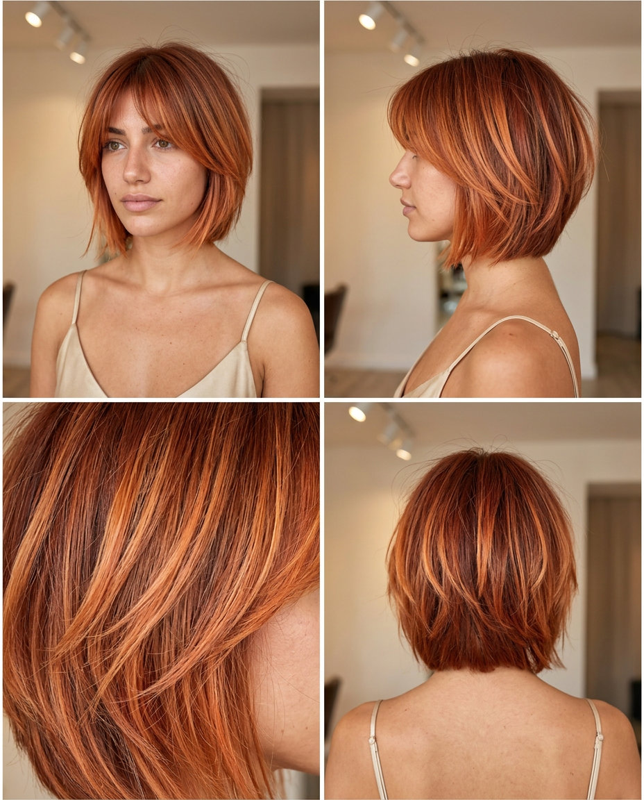 very short nectarine copper balayage on textured crop with feathered fringe for playful edge