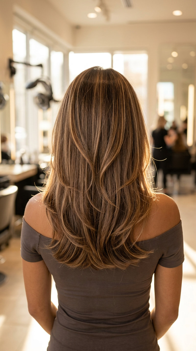 long layered neutral brown hair with warm toffee highlights, fine foilyage for sophistication