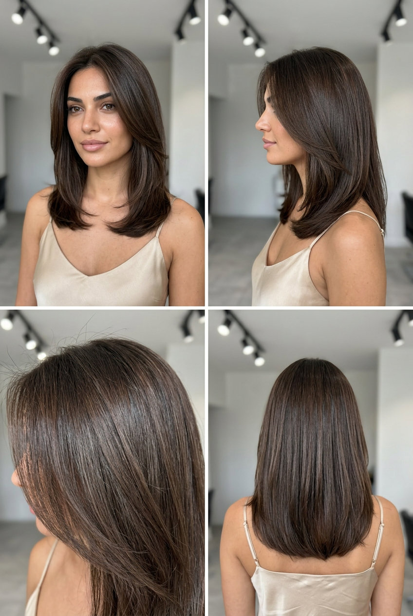 mid-length blunt neutral brown hair with subtle lowlights, custom gloss for professional shine