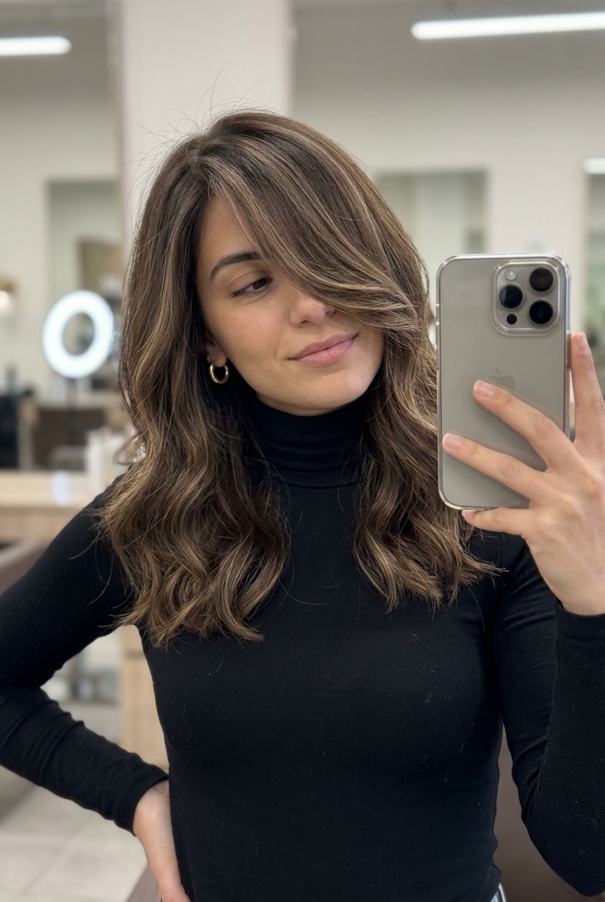 long neutral brunette with warm beige babylights, subtle low-contrast highlights, face-framing pieces — romantic summer evening