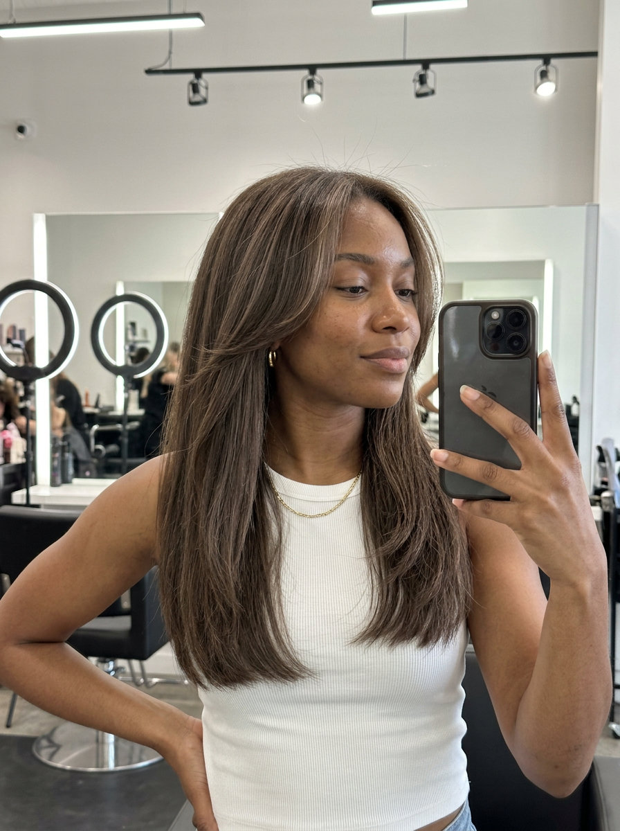 long blunt haircut with nude brunette & mushroom beige babylights, internal weight removal for effortless movement — daily wear