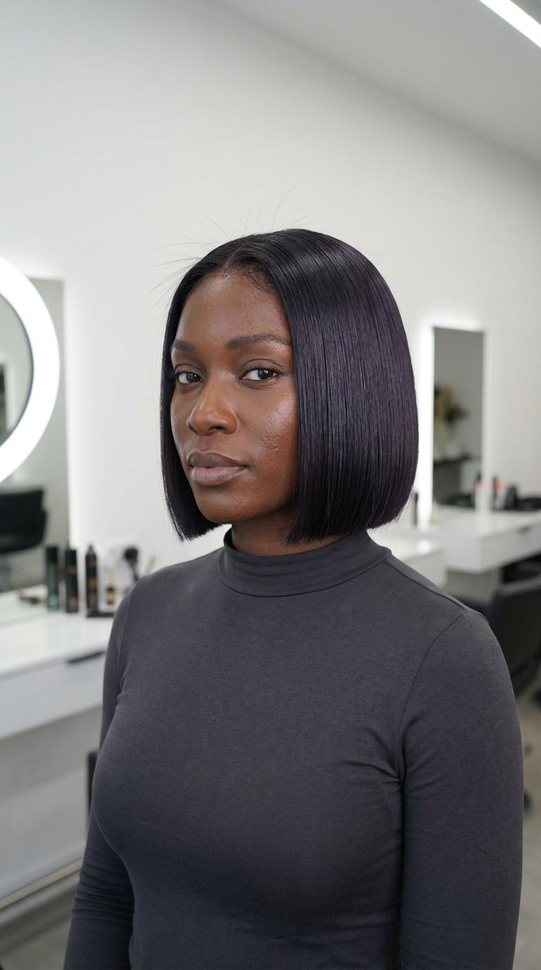 short blunt bob haircut with midnight onyx, violet undertones and straight perimeter for minimalist edge