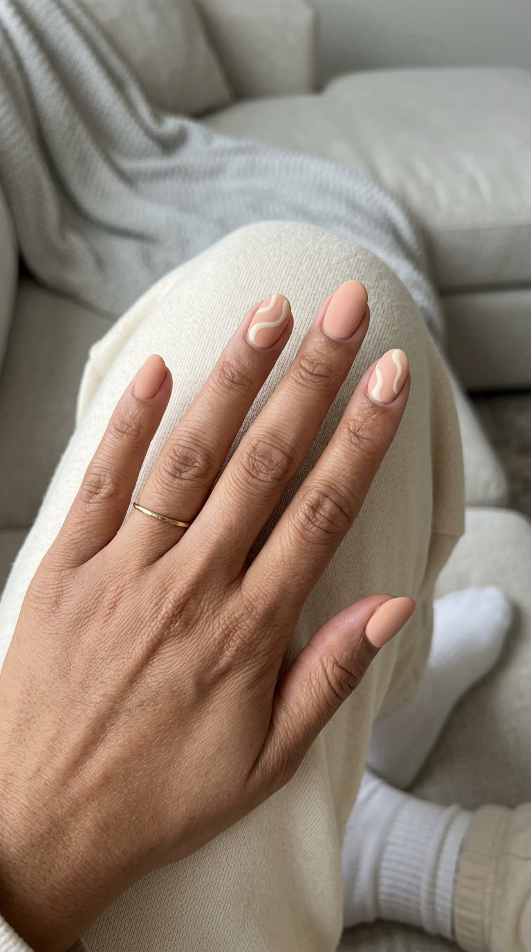 Matte Peach Swirls Oval nails: retro, playful, sophisticated for casual outings 2026.