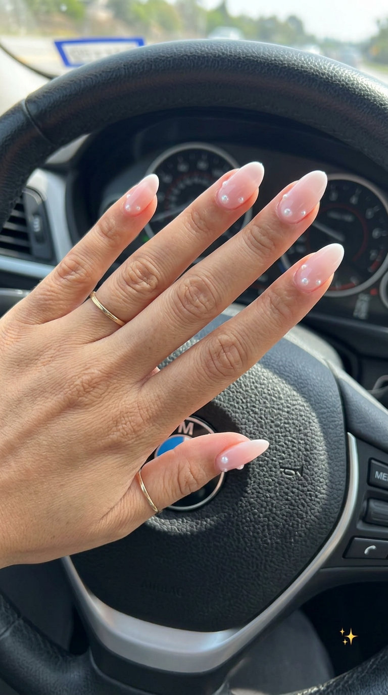 Milky Pink with Pearl Accents oval nails for weddings, bridal showers, and daily wear. Elegant oval summer nails 2026.