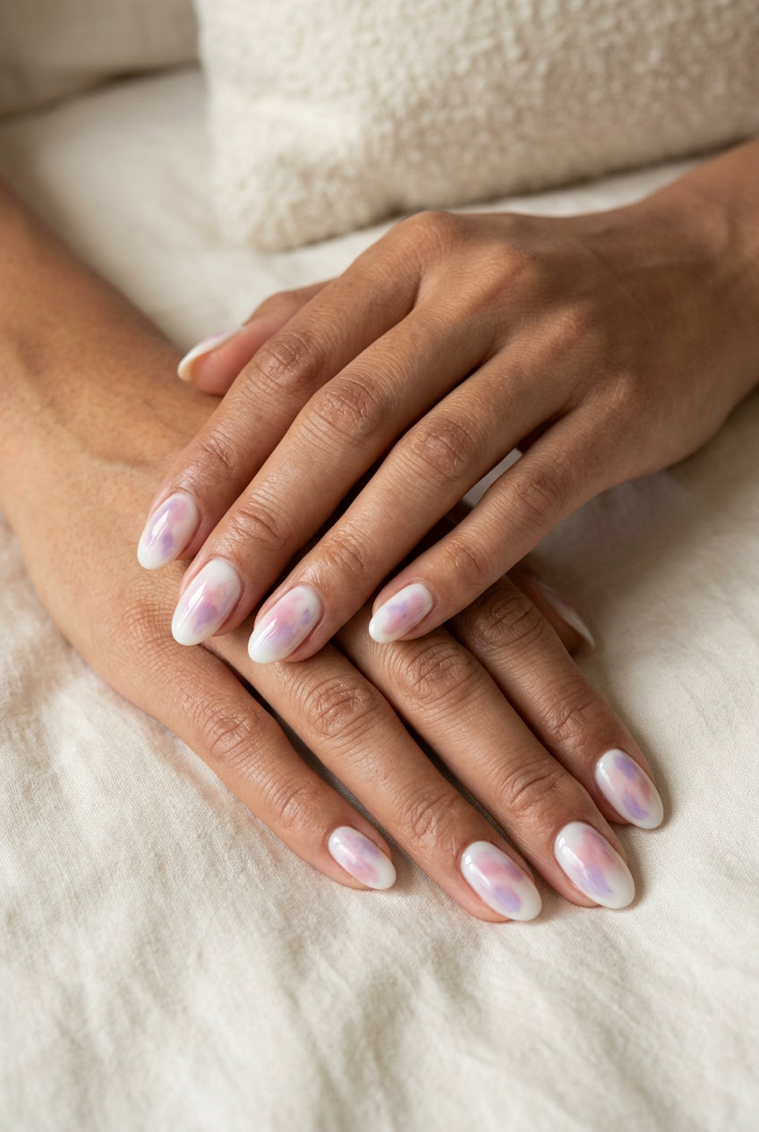 Milky White Abstract Watercolor Art oval nails for daily, work, and evening events. Artistic oval summer nails 2026.