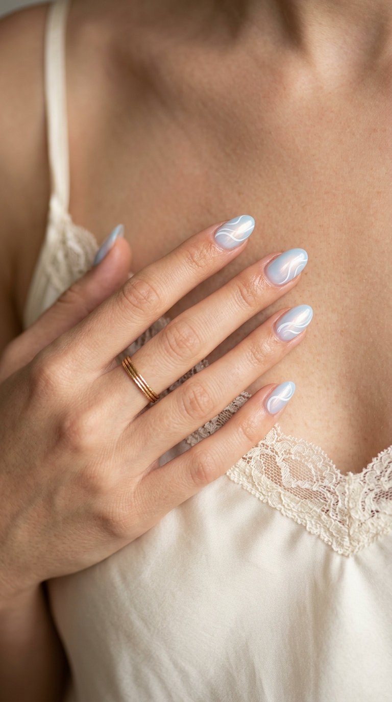 Ocean Aura Swirls Oval nails: pale blue, iridescent, white swirls for summer vacation 2026.