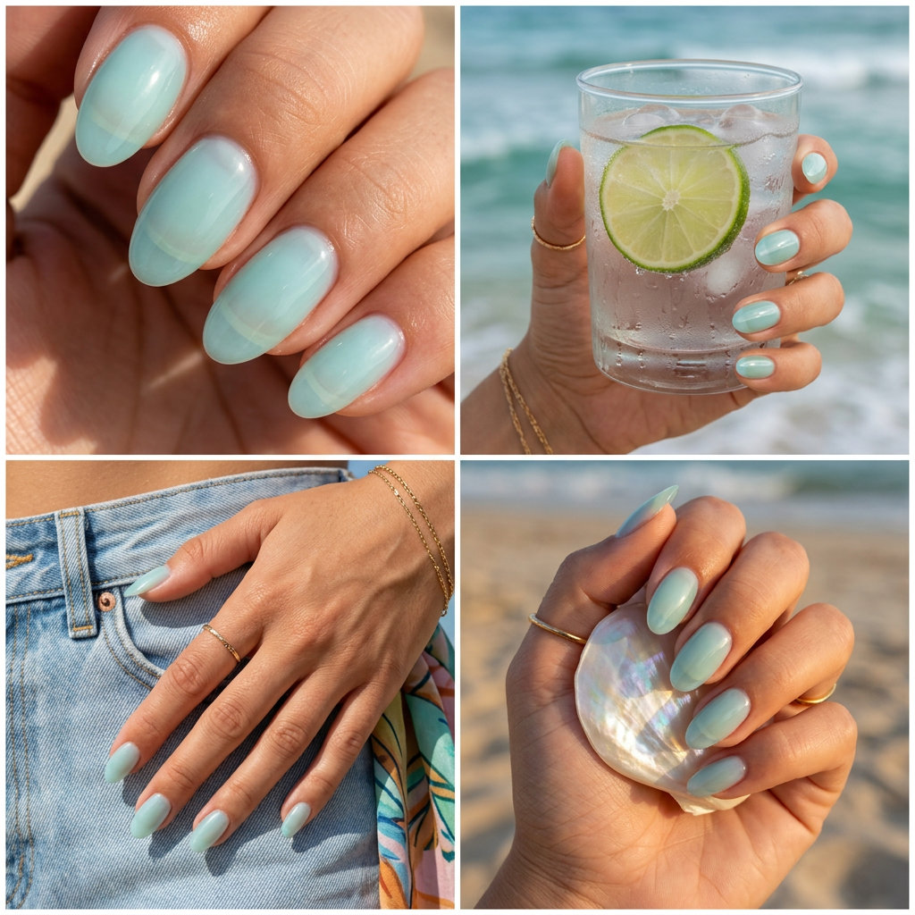 Pale aqua jelly oval summer nails 2026 for all skin tones, perfect for beach days and vacations.