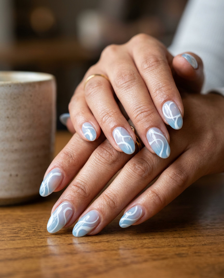 Pale Blue Stained Glass Swirls oval nails for daily, casual outings, and summer travel. Whimsical oval summer nails 2026.