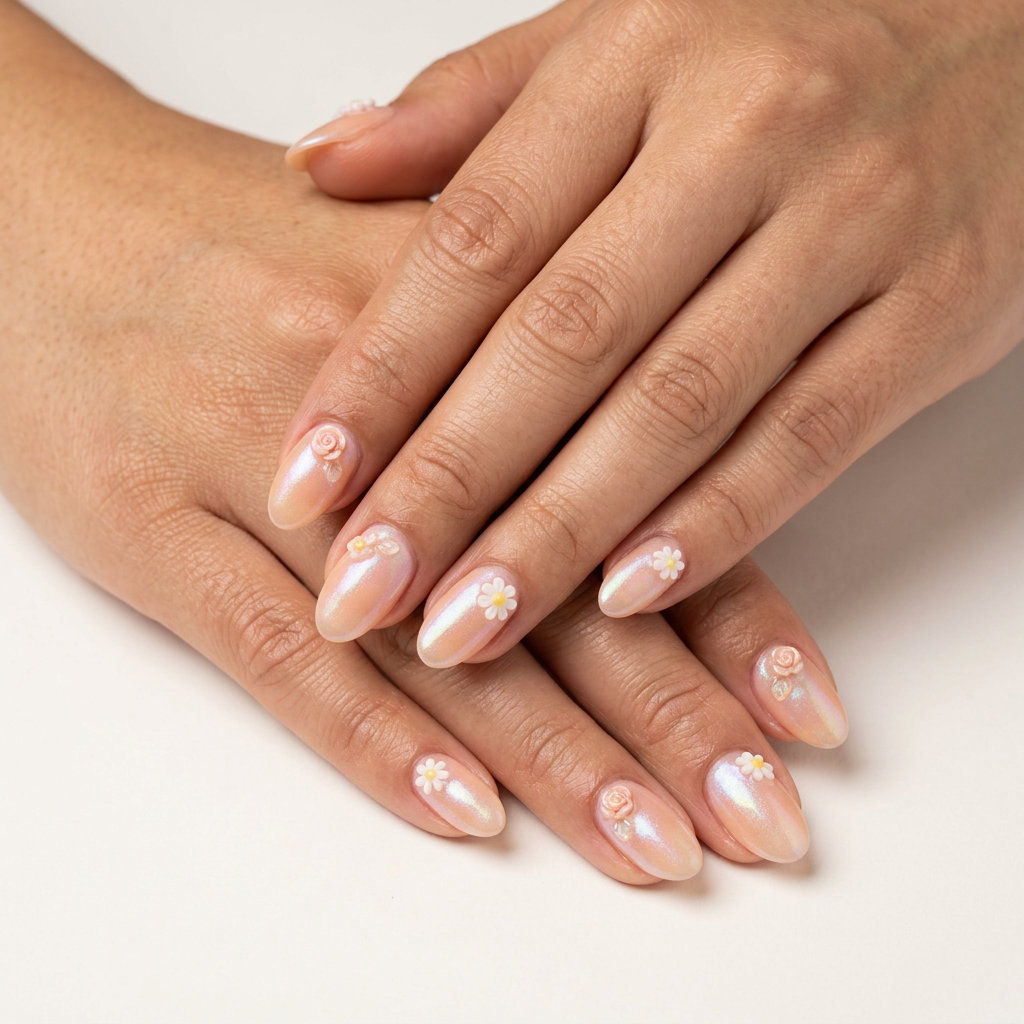 Peach garden blooms oval summer nails 2026 for all skin tones, romantic for garden parties.