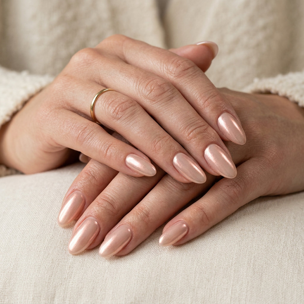 Rose gold shimmer glazed donut oval summer nails 2026 for all skin tones, glamorous for date nights.