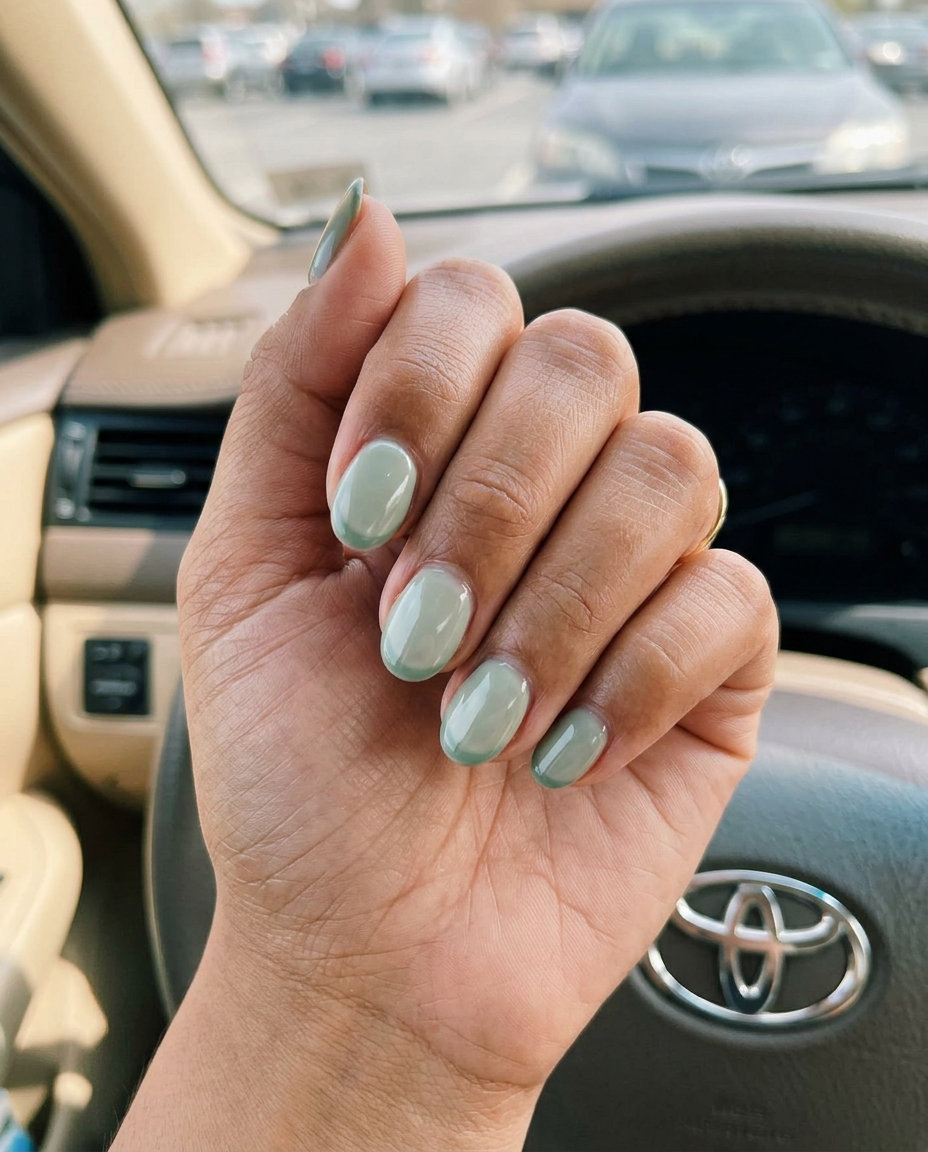 Sage Green Negative Space French oval nails for daily wear, work, and casual outings. Chic oval summer nails 2026.
