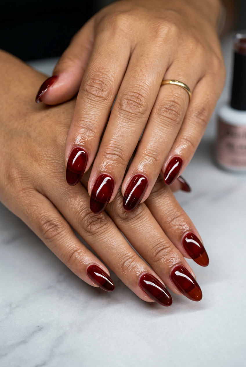 Sheer Cherry Coke Jelly Oval nails: sultry, juicy, bold for date night 2026.