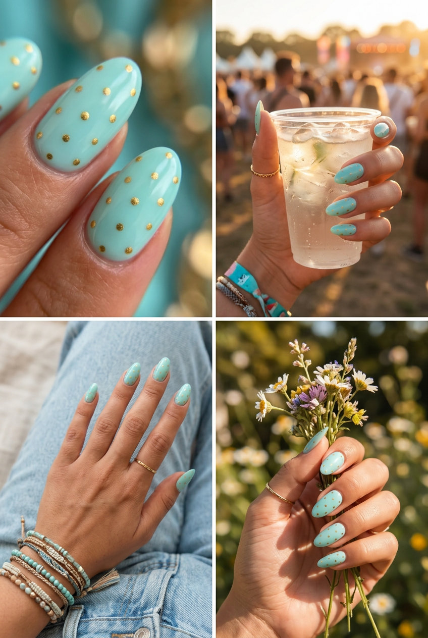 Turquoise Celestial Dots Oval nails: whimsical, celestial, playful for festivals 2026.