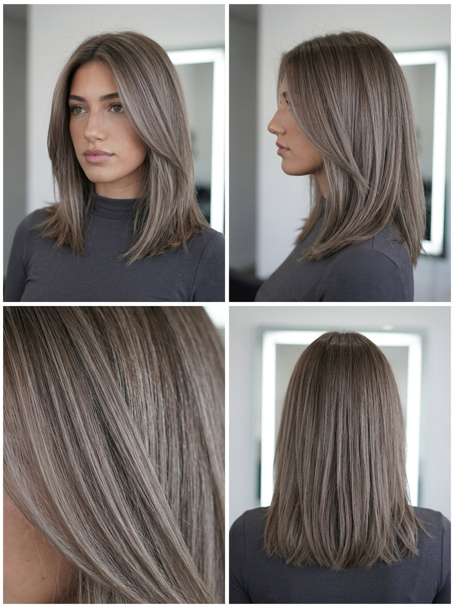 short undercut pixie in pale mushroom brown with cool ash silvery-beige, double-process color — edgy art gallery opening