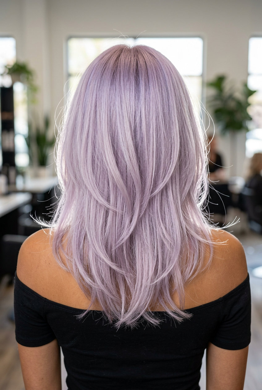 medium pastel lavender hair with silvery undertones for summer