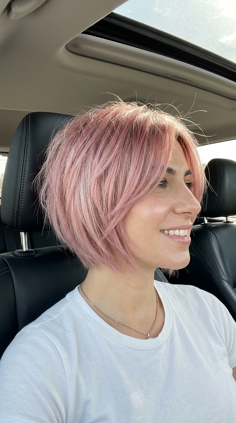 short pastel pink layered bob with platinum base and razored texture for festivals