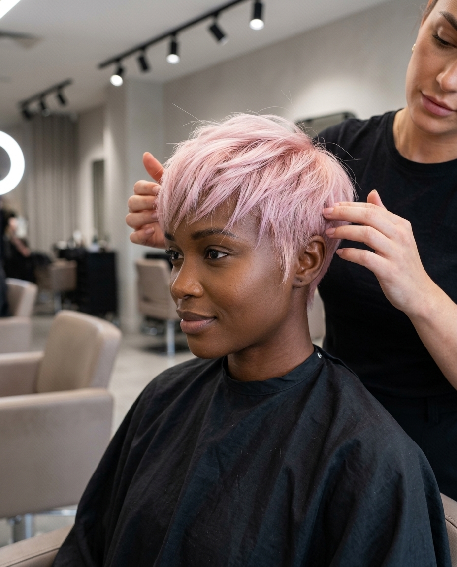 ultra-short pixie haircut in pastel pink over platinum base with razored texture and micro-fringe — edgy and playful