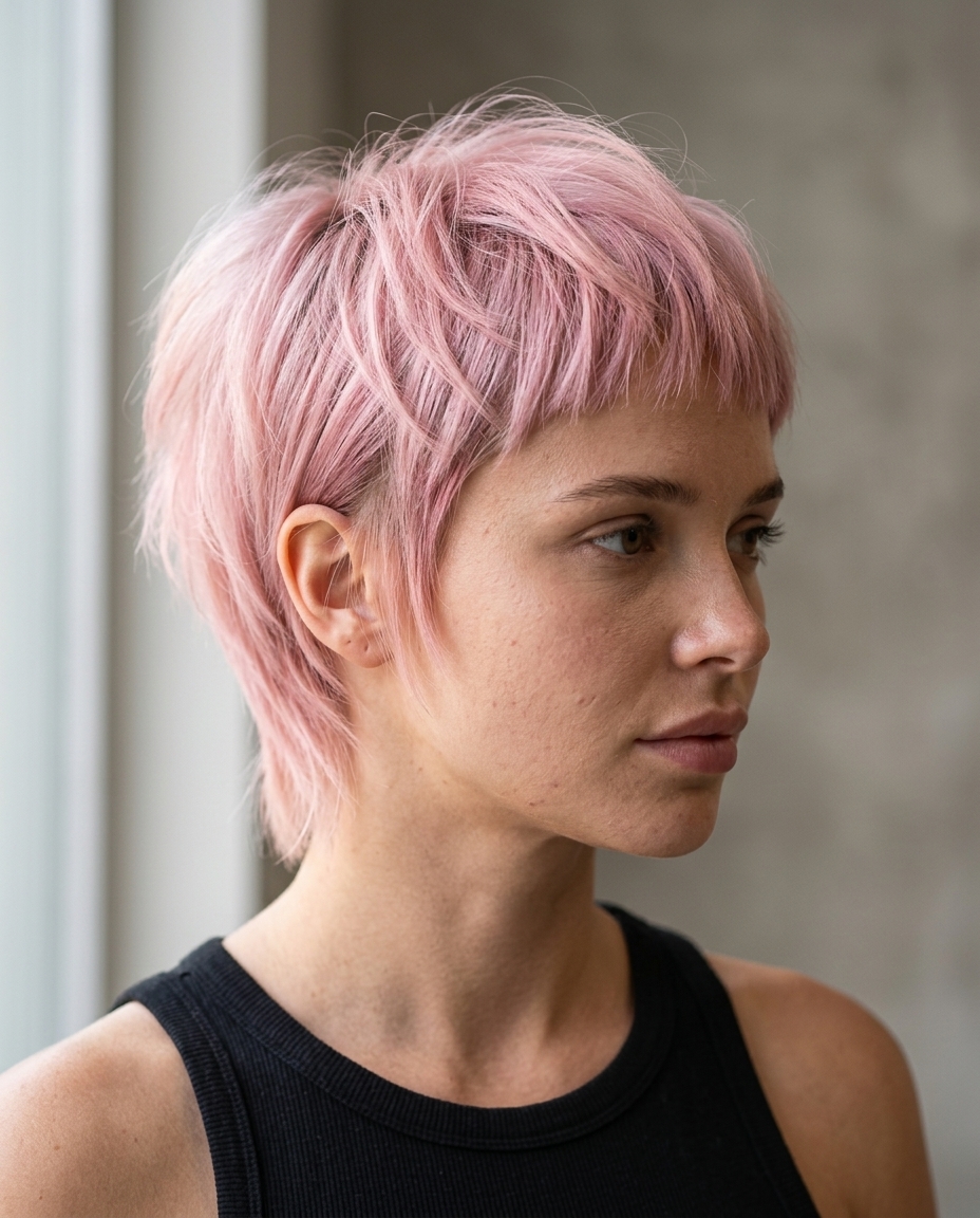 Pastel Punk Pixie-Wolf Cut 2026 very short shaggy wolf cut with pastel pink and dusty rose fade, clipper-faded sides and micro-fringe for summer