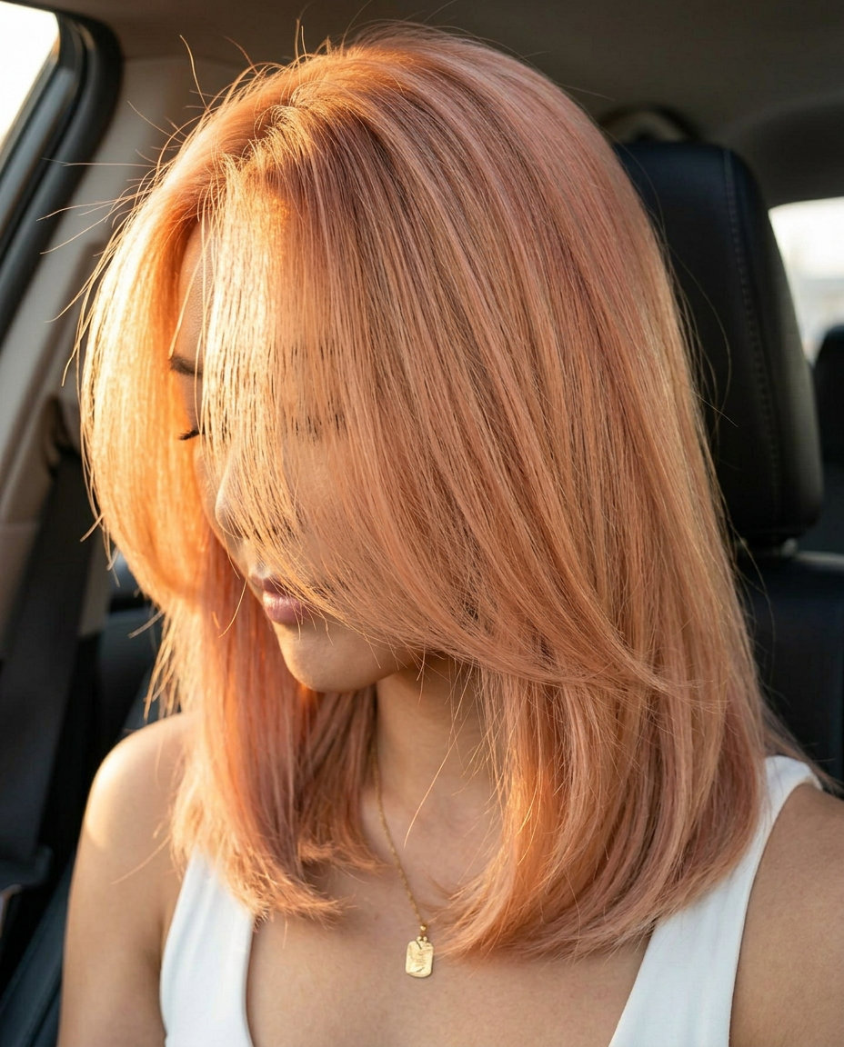 Peach Blonde Sleek Lob Haircut 2026 medium layered lob haircut with peach blonde, rose gold gloss, and jawline face-framing for professional events