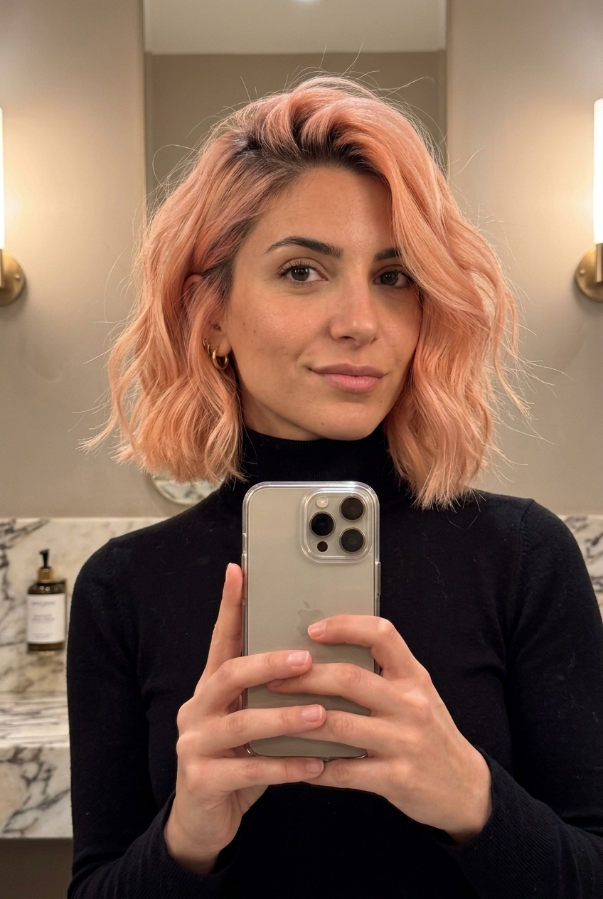 neck-length italian bob with peach fuzz pastel, creamy blonde base, blunt perimeter — trendy