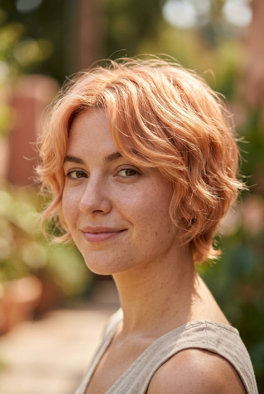 very short pixie haircut in peach fuzz balayage with apricot highlights, softly layered cut with piecey texture for brunch