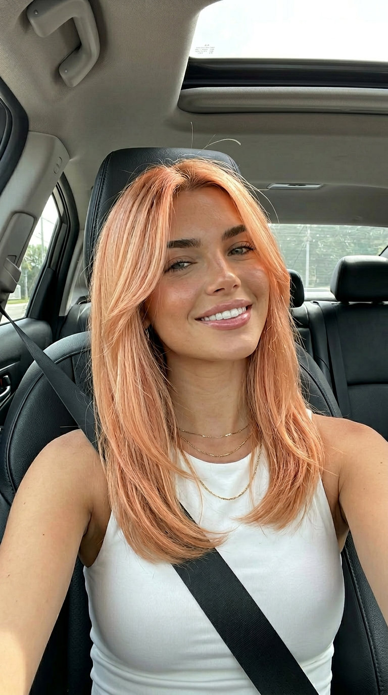 medium layered cut with peachy blonde glow, apricot and rose gold babylights, no fringe — romantic playful style